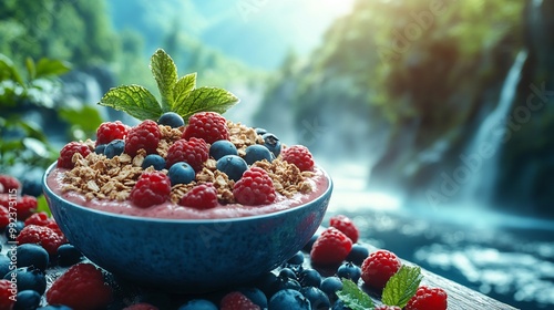 Jackfruit smoothie bowl topped granola fresh berries served wooden dock peaceful lakeside retreat capturing essence of health tranquility and natural beauty Scientific name Artocarpus heterophyllus photo