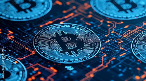 Digital Cryptocurrency Transactions Concept with Bitcoin Symbol and Circuit Board Background