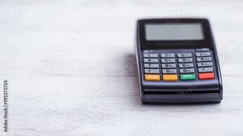 Modern Electronic Payment Terminal on White Wooden Table for Secure Transactions