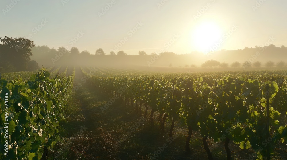 Naklejka premium Sunrise over Vineyard with Mist