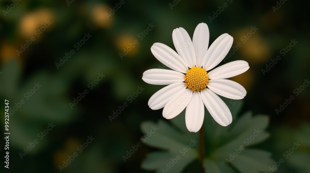 Close-Up of a Beautiful White Daisy Flower with Yellow Center Against a Dark Green Background Close-Up of a Beautiful White Daisy Flower with Yellow Center Against a Dark Green Background