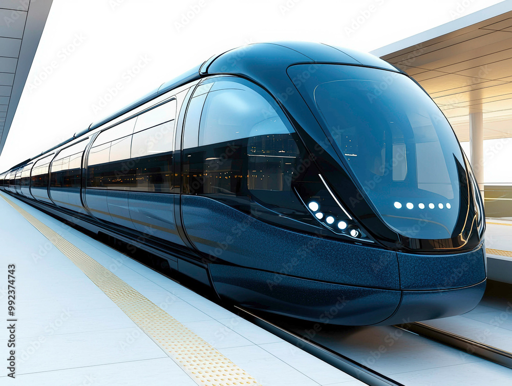 Fototapeta premium A sleek, futuristic maglev train, with reflective black windows and a streamlined design, waiting at a modern station, representing speed, technology, and innovation.