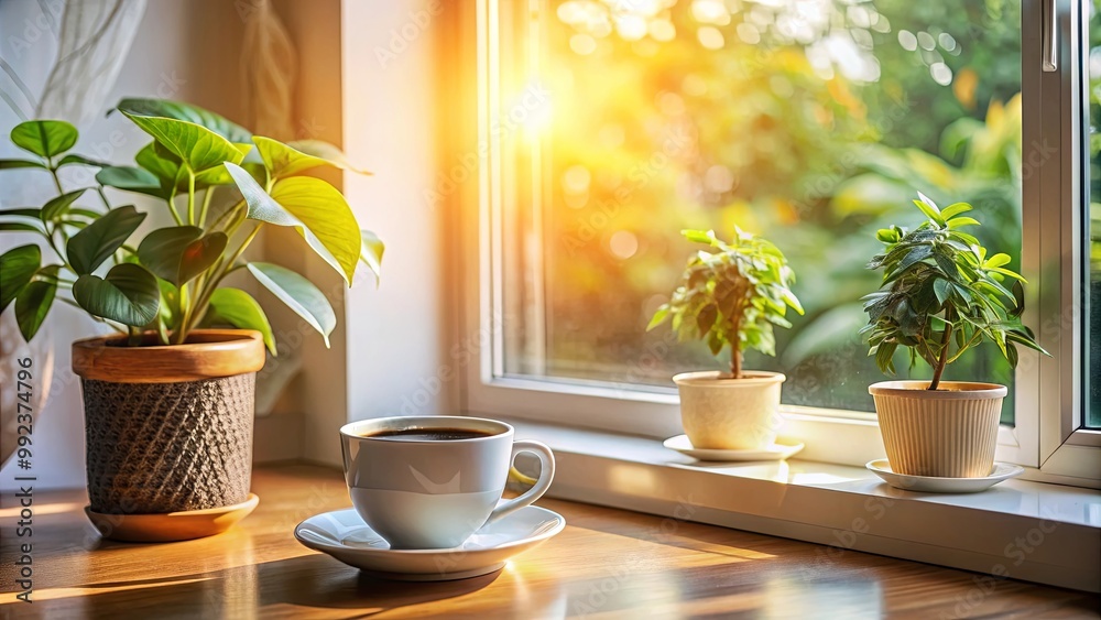 A cup of coffee on a wooden table, bathed in warm sunlight streaming through a window, with potted plants framing the scene. A cup of coffee on a wooden table, bathed in warm sunlight streaming through a window, with potted plants framing the scene.