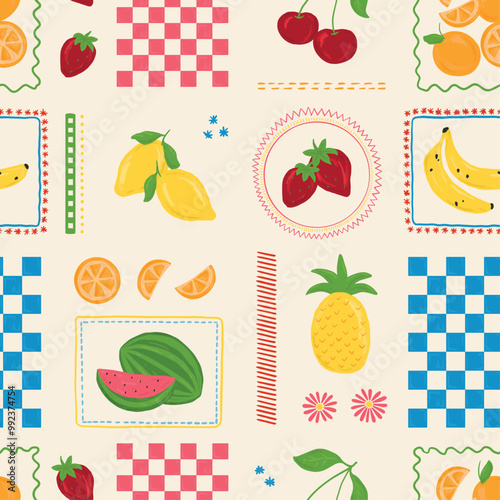 Picnic fruits seamless pattern, summer, vacation, cherry, lemon, orange, watermelon, pineapple, banana, strawberries vector hand draw, background, print, textile, fashion, fabric, wallpaper