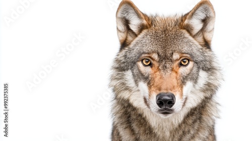 Close-Up Portrait of a Majestic Wolf with Intense Eyes on a White Background