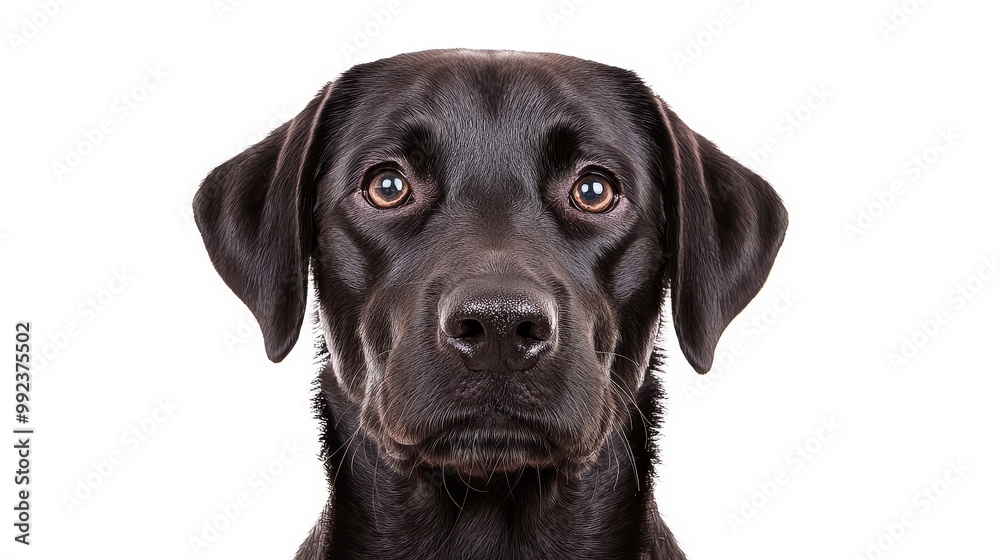 Close-Up Portrait of a Black Labrador Retriever Dog on White Background Close-Up Portrait of a Black Labrador Retriever Dog on White Background