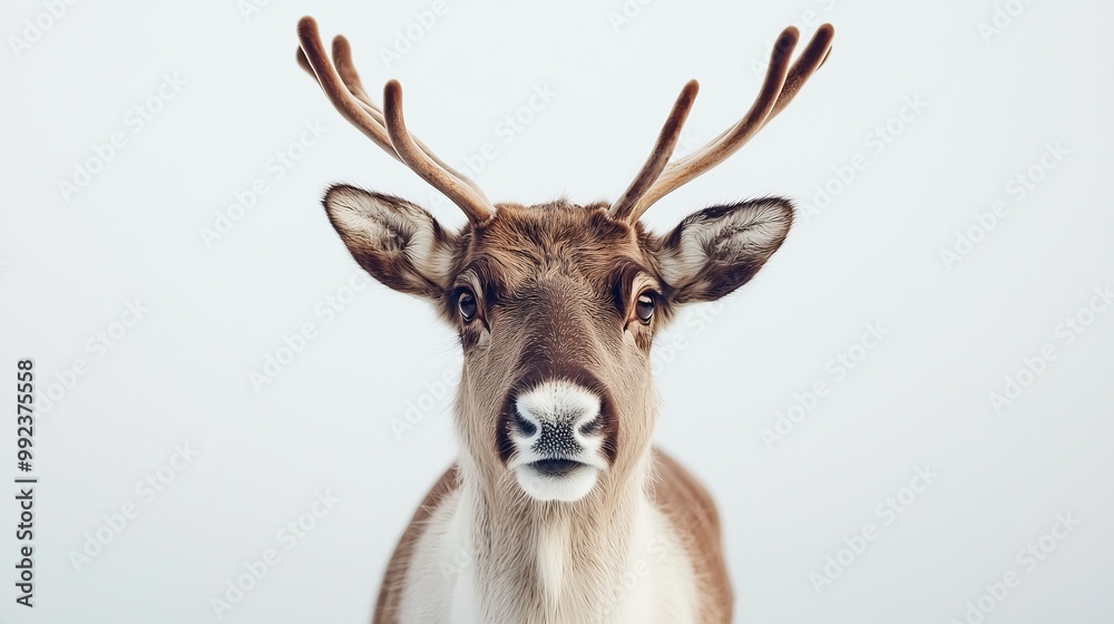 Close-Up Portrait of a Reindeer with Antlers on a White Background Close-Up Portrait of a Reindeer with Antlers on a White Background