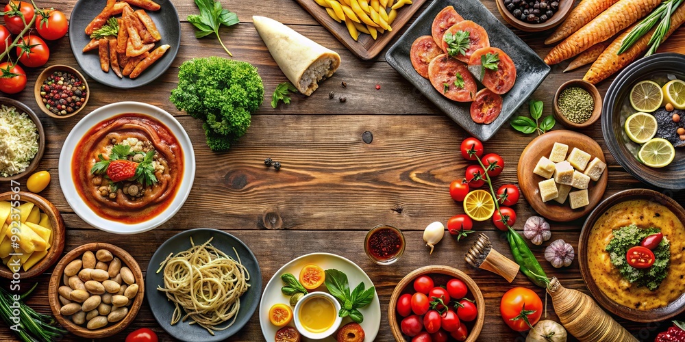 A Rustic Tabletop Display of Various Culinary Delights, Including Stews, Salads, Pastries, and Fresh Produce A Rustic Tabletop Display of Various Culinary Delights, Including Stews, Salads, Pastries, and Fresh Produce