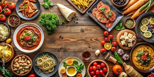 A Rustic Tabletop Display of Various Culinary Delights, Including Stews, Salads, Pastries, and Fresh Produce