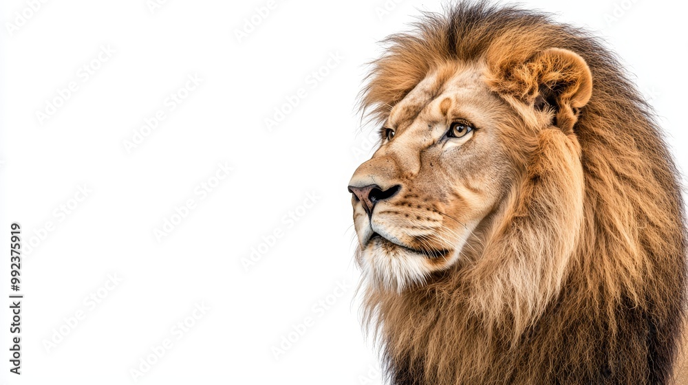 Fototapeta premium Majestic Lion Portrait on White Background - Close-Up of a Regal Lion with Detailed Mane and Intense Gaze