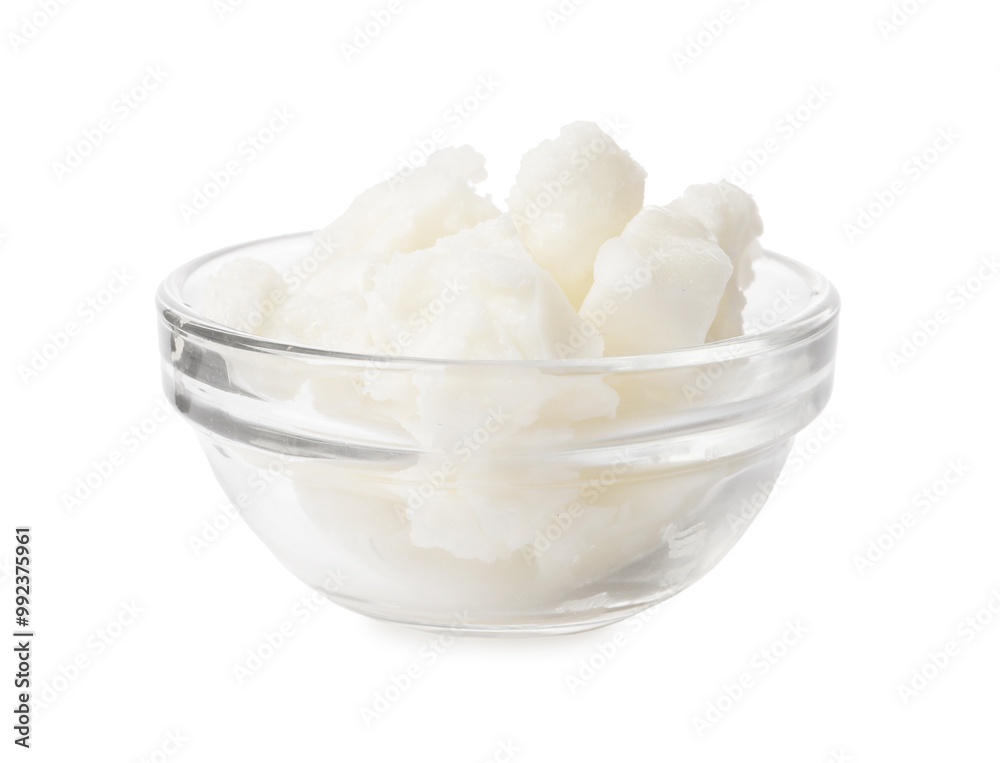 Shea butter in bowl isolated on white Shea butter in bowl isolated on white