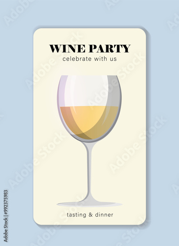 Wine party poster. Glass with alcoholic drinks. Winery and winemaking, vineyard. Alcoholic drinks and beverages. Template and layout. Flat vector illustration