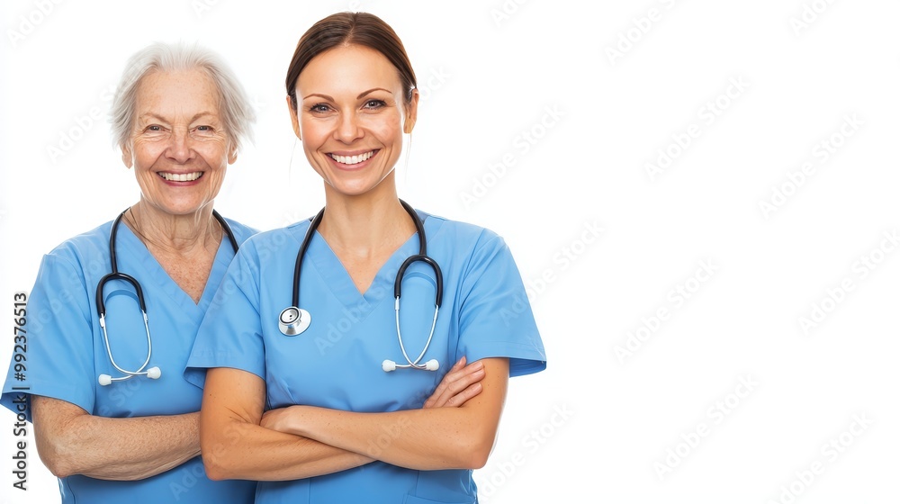 Smiling Nurses in Blue Scrubs with Stethoscopes on White Background - Healthcare and Nursing Professionals Smiling Nurses in Blue Scrubs with Stethoscopes on White Background - Healthcare and Nursing Professionals