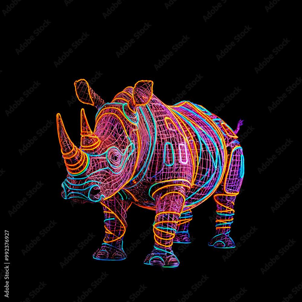 Fototapeta premium Wire Art Rhinoceros - Glowing 001