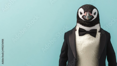 Penguin Wearing a Tuxedo on Pastel Background - Adorable Animal in Formal Attire - Cute and Stylish Wildlife Concept photo