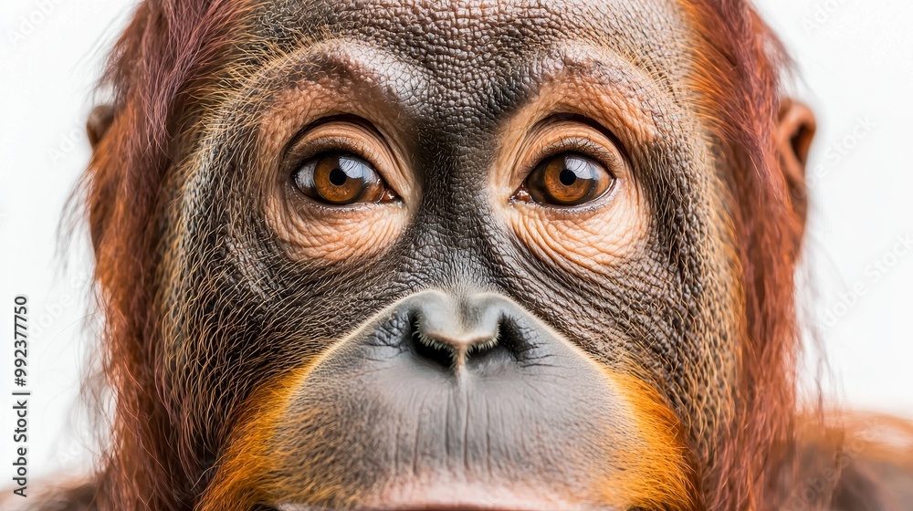 Close-Up Portrait of an Orangutan on White Background Showcasing Detailed Facial Features and Expressive Eyes Close-Up Portrait of an Orangutan on White Background Showcasing Detailed Facial Features and Expressive Eyes
