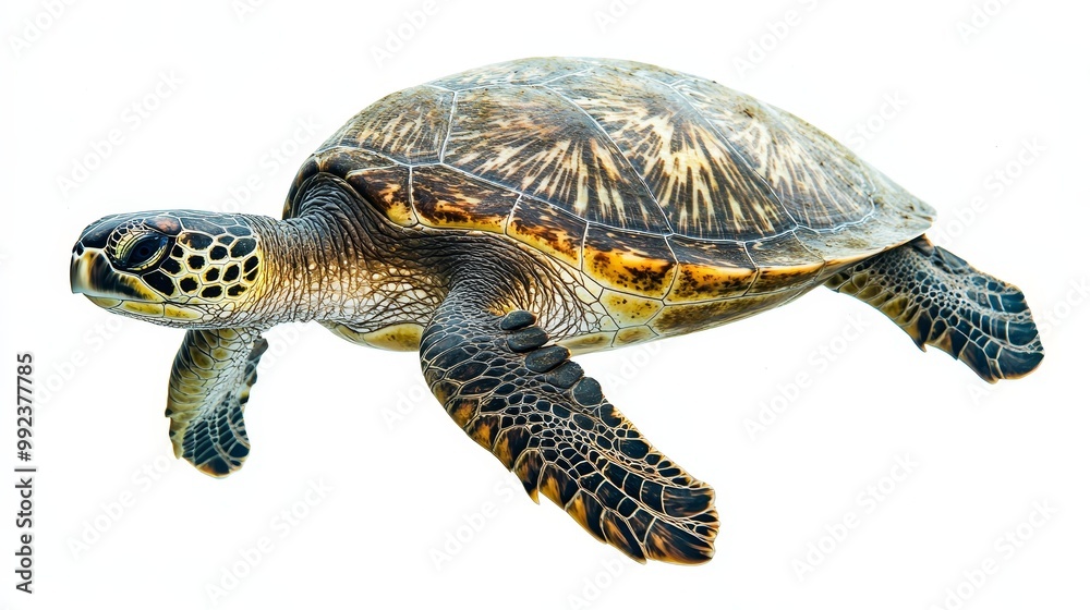 Fototapeta premium Close-Up of a Green Sea Turtle Swimming Isolated on White Background