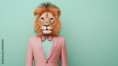 Stylish Lion Wearing a Pink Suit and Bow Tie on a Pastel Green Background - Fun Animal Fashion Concept photo