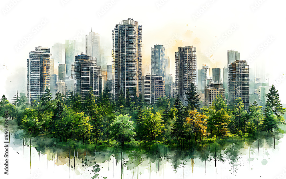 Watercolor Green Urban Landscape: Eco-Friendly Sustainable Living Watercolor Green Urban Landscape: Eco-Friendly Sustainable Living