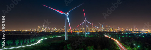 Eolic  Wind Turbines Energy Supplies Electricity to a City at Nigh. Distribution of Clean and Sustainable Energy Power photo