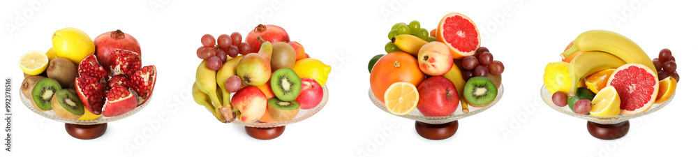 Glass bowl with fresh different fruits isolated on white, collage Glass bowl with fresh different fruits isolated on white, collage