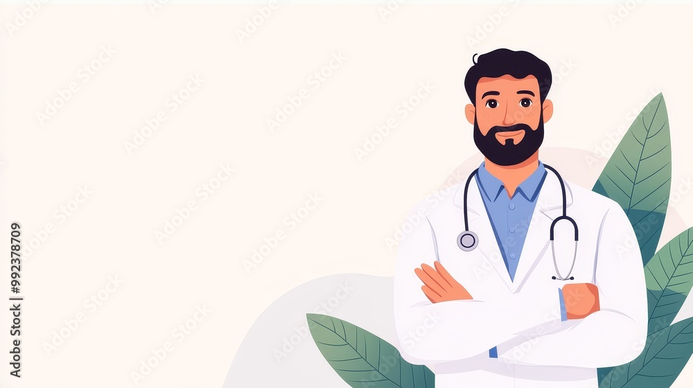 Fototapeta premium Professional Healthcare and Nursing Illustration Featuring a Confident Male Doctor with Stethoscope