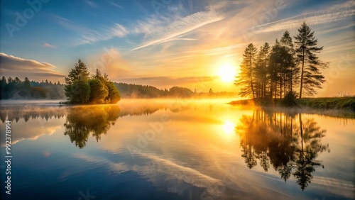 Golden Hour Reflections on a Misty Lake, Capturing the Tranquil Beauty of a Serene Sunrise