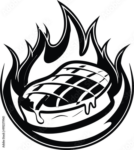 Sizzling Steak on Fire silhouette, vector illustration on black and white.