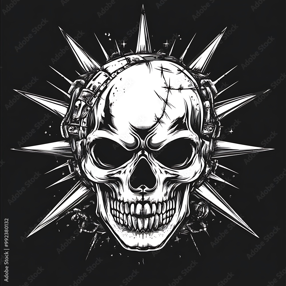 Obraz premium A skull with a spiked halo and roses, in a black and white illustration.