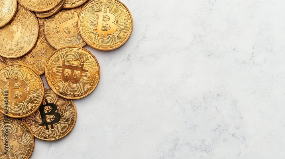 Golden Bitcoin Coins on Marble Background Representing Digital Currency Transactions and Modern Financial Concepts Golden Bitcoin Coins on Marble Background Representing Digital Currency Transactions and Modern Financial Concepts