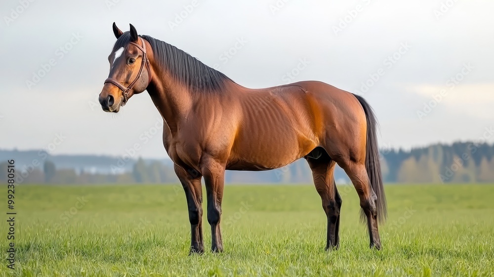 Majestic Brown Horse Standing on Green Grass Field with White Background in Natural Setting Majestic Brown Horse Standing on Green Grass Field with White Background in Natural Setting
