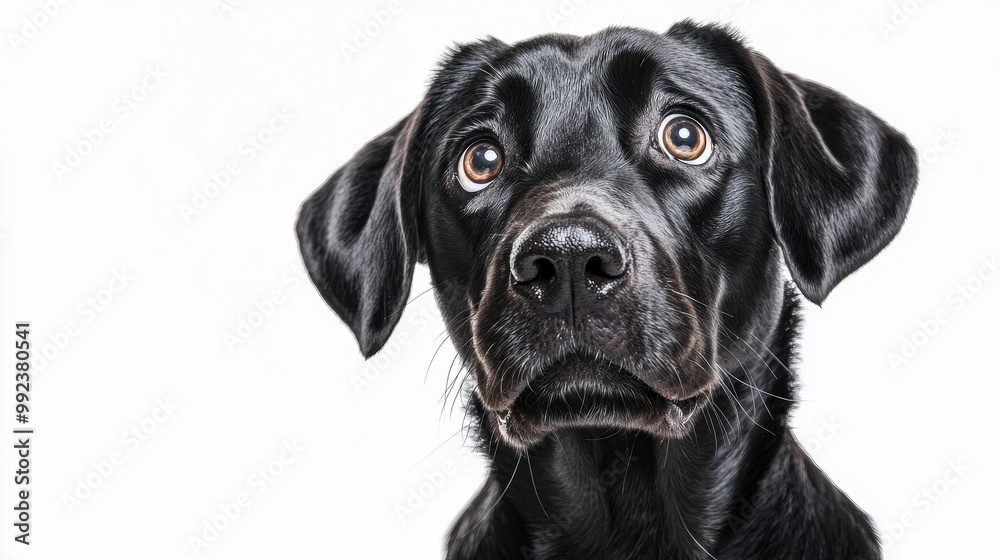 Close-Up Portrait of a Black Labrador Retriever Dog with Expressive Eyes on a White Background Close-Up Portrait of a Black Labrador Retriever Dog with Expressive Eyes on a White Background