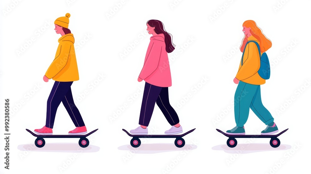 Fototapeta premium Three Young People Skateboarding in Casual Winter Clothing on White Background
