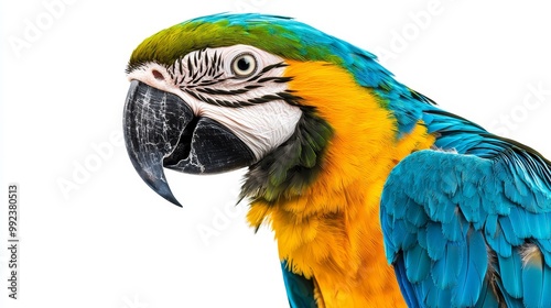 Vibrant Blue and Yellow Macaw Parrot on White Background - Close-Up of Colorful Exotic Bird