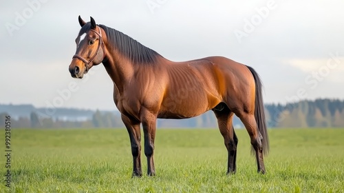 Majestic Brown Horse Standing on Green Grass Field with White Background in Natural Setting