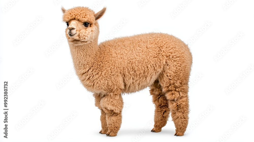 Obraz premium Adorable Fluffy Alpaca Standing on White Background - Perfect for Animal and Nature Themed Projects