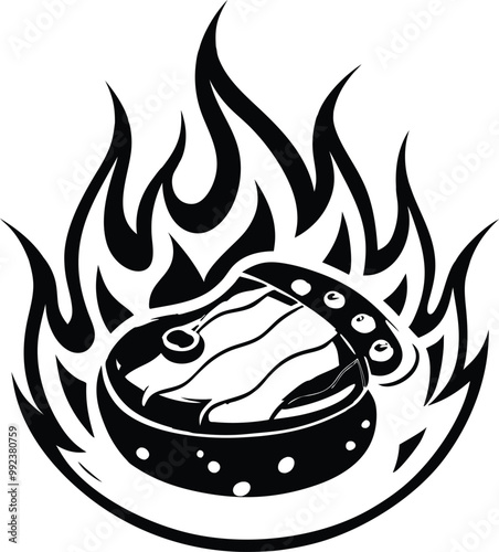 Sizzling Steak on Fire silhouette, vector illustration on black and white.