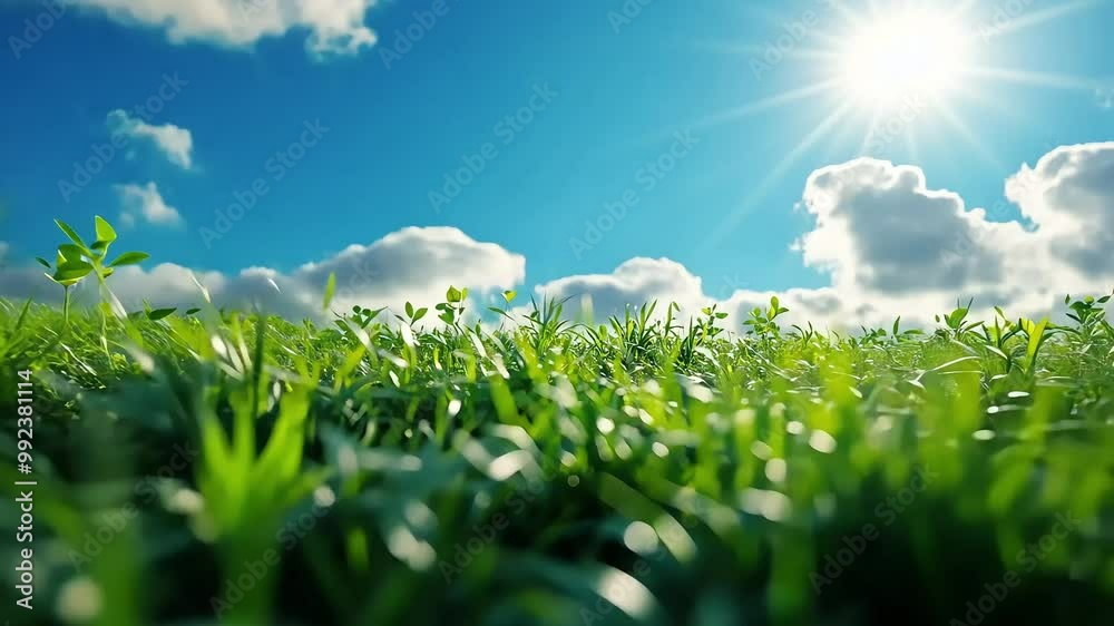 Lush green grass field with a bright blue sky with white fluffy clouds overhead. Lush green grass field with a bright blue sky with white fluffy clouds overhead.