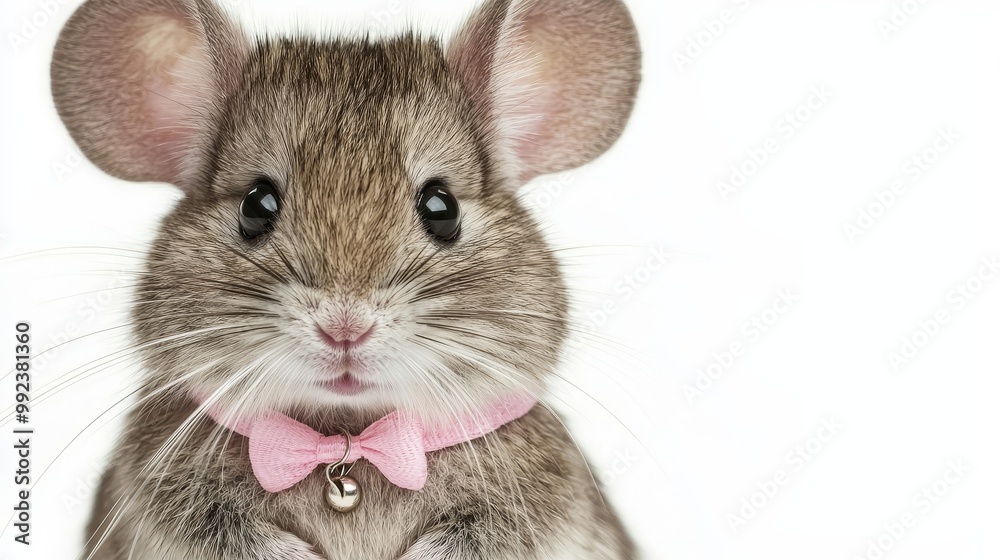 Obraz premium Adorable Mouse with Pink Bow Tie on White Background - Cute Animal Portrait for Stock Photography