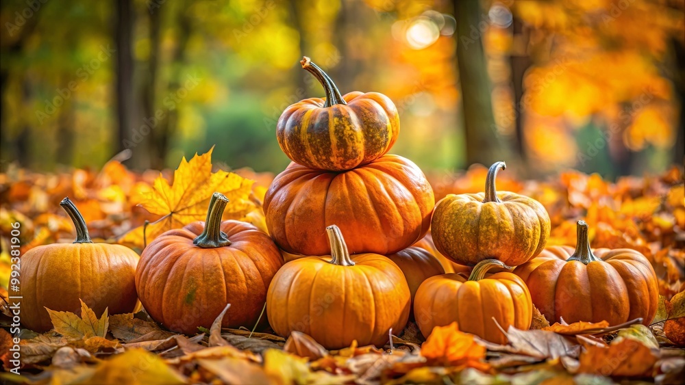 A cluster of pumpkins resting on a bed of fallen leaves in a vibrant autumn forest. A cluster of pumpkins resting on a bed of fallen leaves in a vibrant autumn forest.