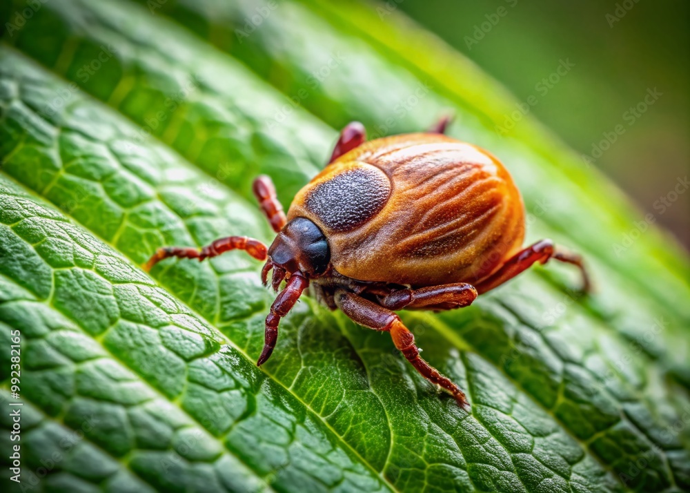 Close-Up Image of a Woodtick on Leaf, Examining Its Features and Natural Habitat in Detail Close-Up Image of a Woodtick on Leaf, Examining Its Features and Natural Habitat in Detail