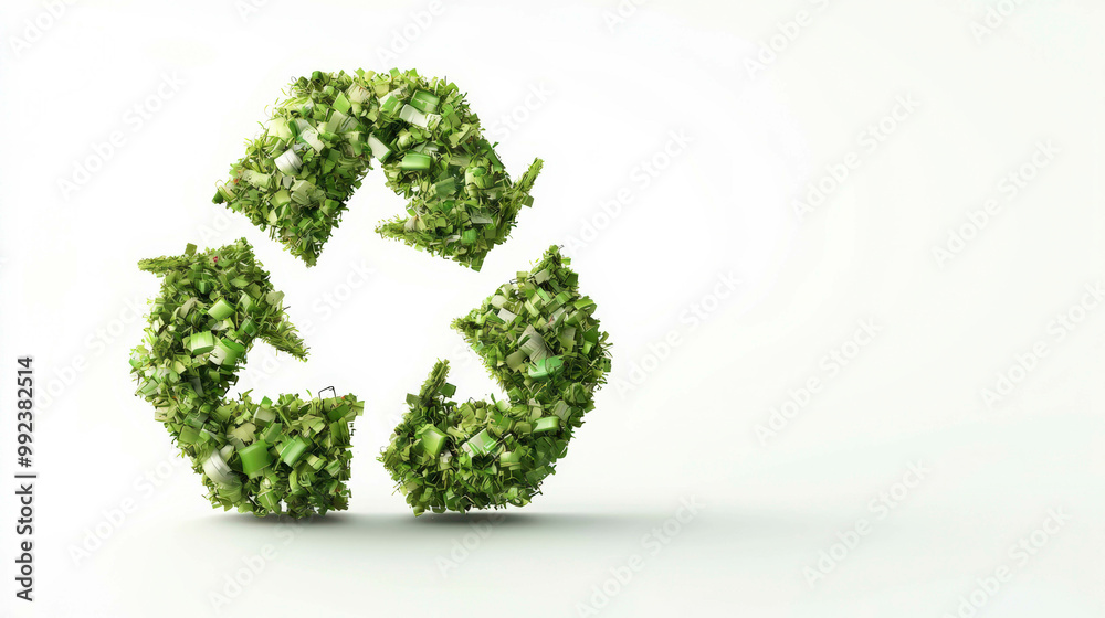 A recycling symbol made from green materials, representing environmental sustainability, eco-conscious living, and the importance of reducing waste for a greener future. A recycling symbol made from green materials, representing environmental sustainability, eco-conscious living, and the importance of reducing waste for a greener future.