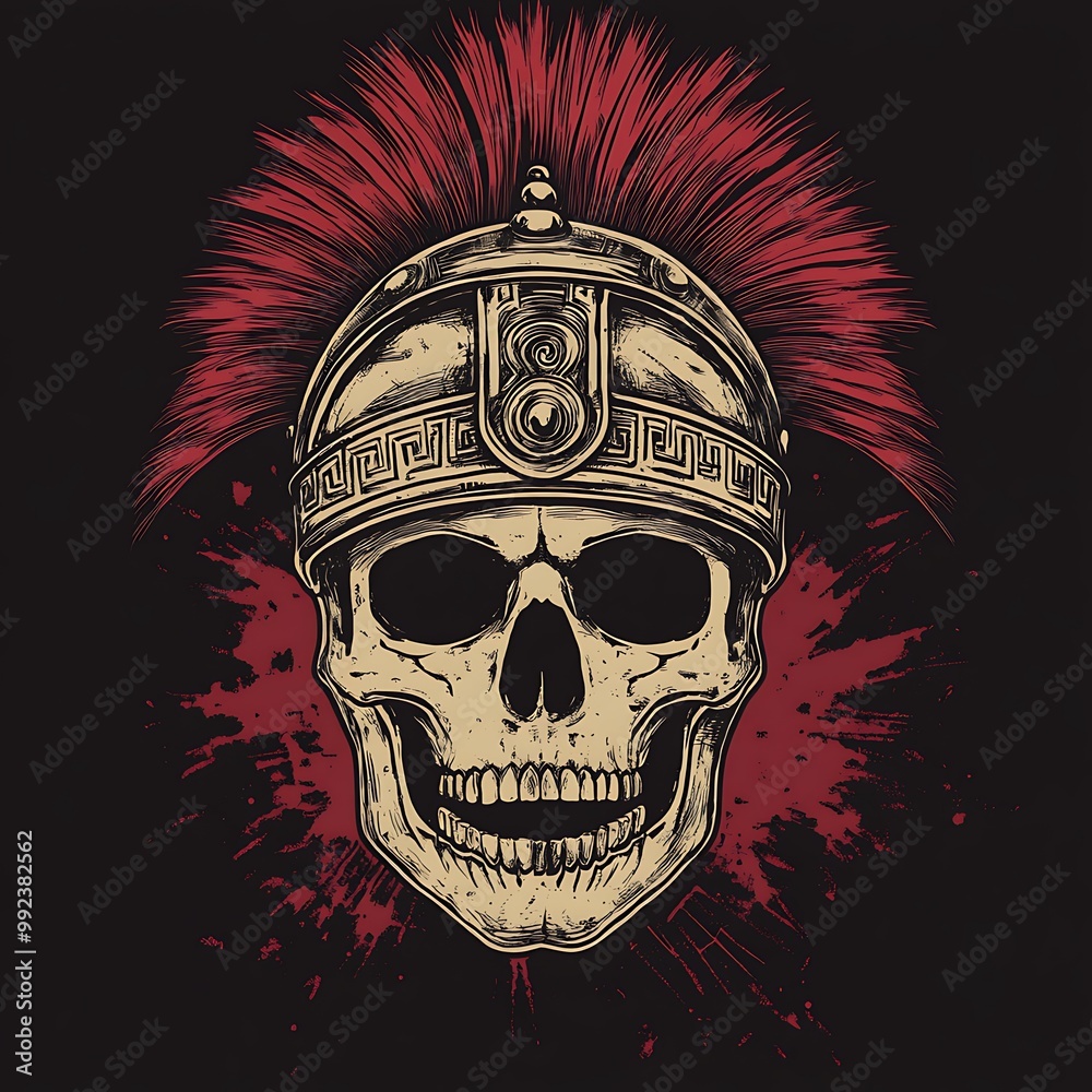 A Human Skull Wearing a Roman Helmet with a Red Plume A Human Skull Wearing a Roman Helmet with a Red Plume