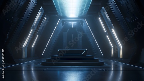 Futuristic dark podium with light and reflection background. 