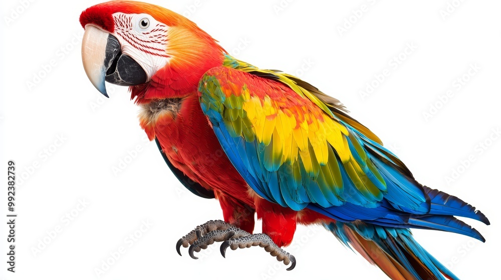Vibrant Scarlet Macaw Parrot with Colorful Feathers on a White Background Vibrant Scarlet Macaw Parrot with Colorful Feathers on a White Background