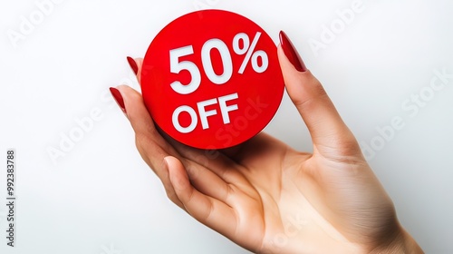 A Hand Holding a Red 50% Off Circle