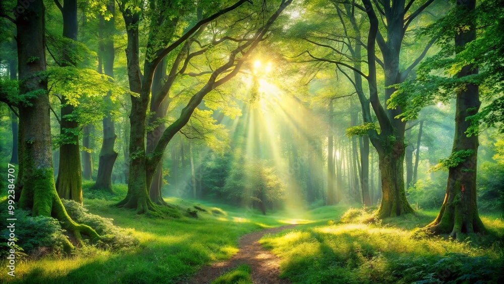 Sunlight Streaming Through the Canopy of a Lush Forest, Illuminating a Path Leading Deeper Into the Woods Sunlight Streaming Through the Canopy of a Lush Forest, Illuminating a Path Leading Deeper Into the Woods