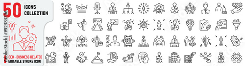 A collection of high-quality CEO and business-related icons also includes communications, strategy presentations, business reports, and management infographics. CEO Editable Stroke Icon