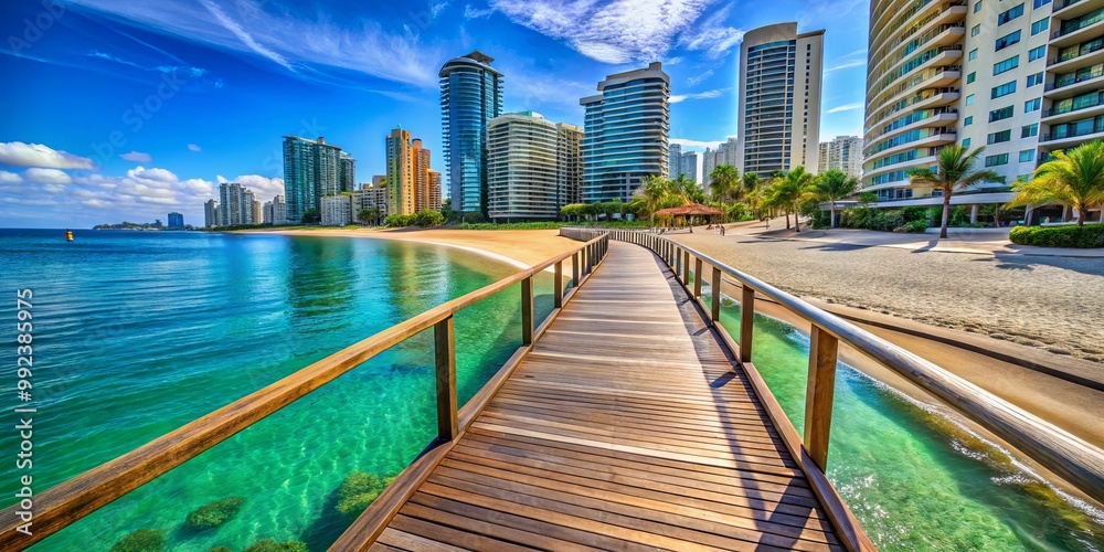 Naklejka premium A wooden walkway leading to a secluded beach with clear turquoise water and modern high-rise buildings lining the shoreline under a vibrant blue sky