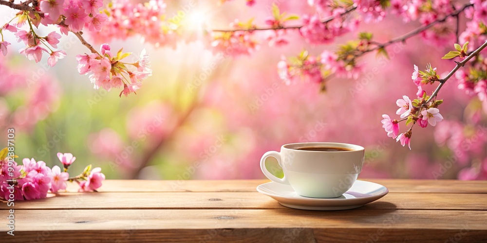 A cup of coffee on a wooden table with a background of delicate pink blossoms, creating a tranquil and inviting springtime atmosphere. A cup of coffee on a wooden table with a background of delicate pink blossoms, creating a tranquil and inviting springtime atmosphere.